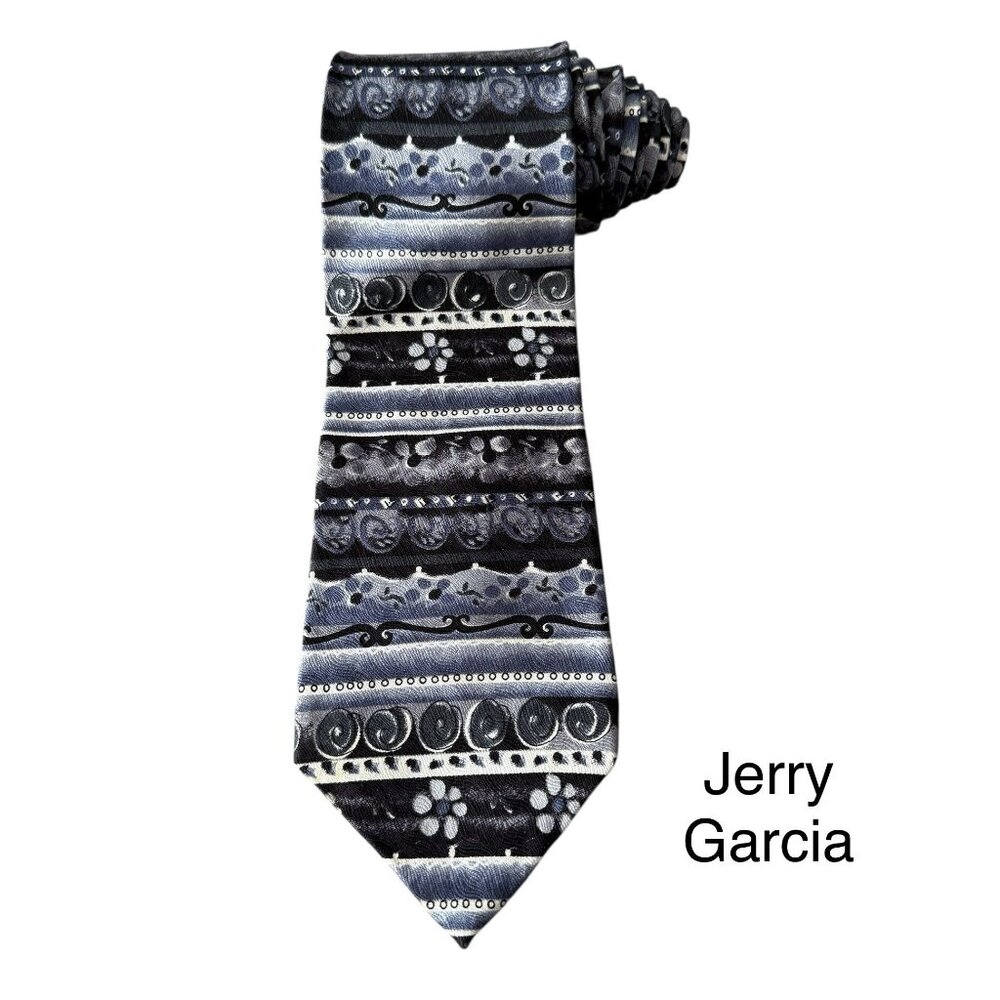J. GARCIA 100% Silk Neck Tie Black Blue Grey Floral Geometric Made in USA